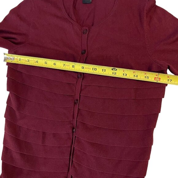 Ann Taylor Womens Cardigan Cotton Sweater Ruffles Buttons Wine Maroon Red Med - Picture 6 of 10